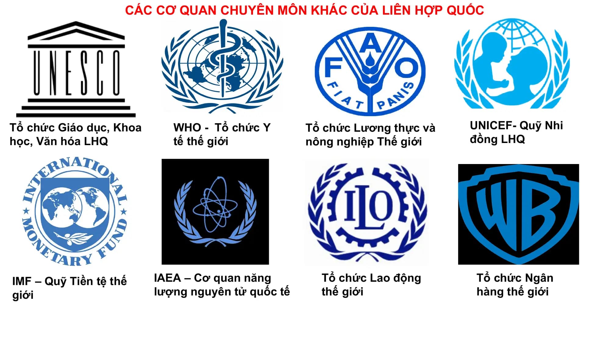 CÁC CƠ QUAN CHUYÊN MÔN KHÁC CỦA LIÊN HỢP QUỐC

Tổ chức Giáo dục, Khoa WHO - Tổ chức Y Tổ chức Lương thực và UNICEF- Quỹ Nhi
học, Văn hóa LHQ tế thế giới nông nghiệp Thế giới đồng LHQ

IMF – Quỹ Tiền tệ thế IAEA – Cơ quan năng Tổ chức Lao động Tổ chức Ngân
giới lượng nguyên tử quốc tế thế giới hàng thế giới