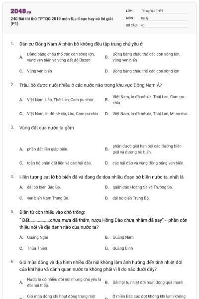 240 Bài thi thử TPTQG 2019 môn Địa lí cực hay có lời giải (P1)