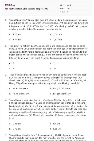 100 câu trắc nghiệm Sóng ánh sáng nâng cao (P4)