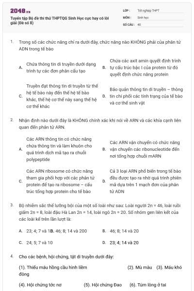 Tuyển tập Bộ đề thi thử THPTQG Sinh Học cực hay có lời giải (Đề số 8)