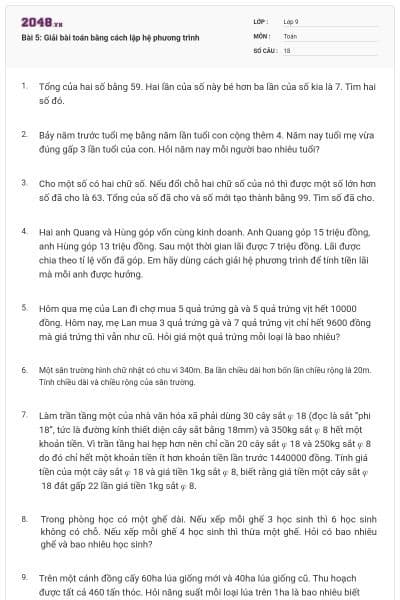 Bài 5: Giải bài toán bằng cách lập hệ phương trình