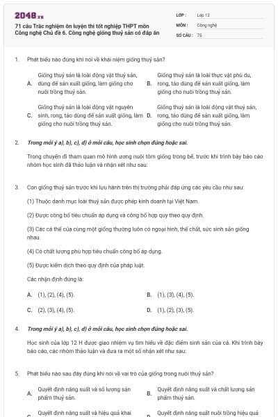 71 câu Trắc nghiệm ôn luyện thi tốt nghiệp THPT môn Công nghệ Chủ đề 6. Công nghệ giống thuỷ sản có đáp án