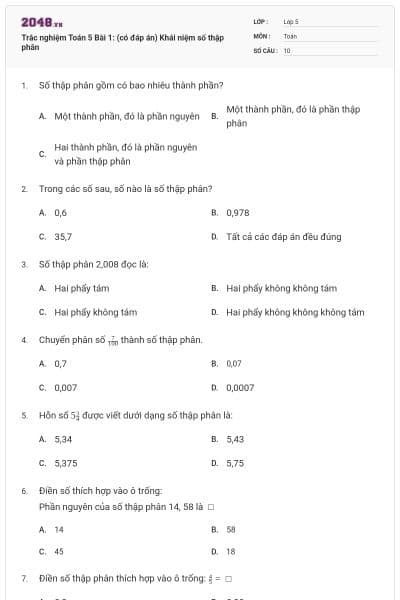 Trắc nghiệm Toán 5 Bài 1: (có đáp án) Khái niệm số thập phân