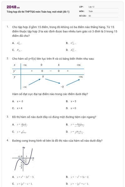 Tổng hợp đề thi THPTQG môn Toán hay, mới nhất (đề 1)