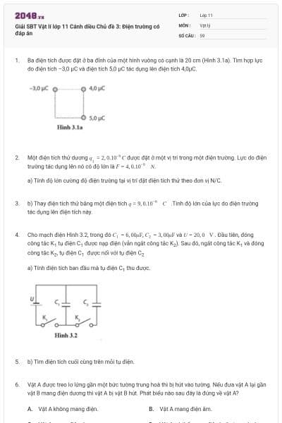 Giải SBT Vật lí  lớp 11 Cánh diều Chủ đề 3: Điện trường có đáp án