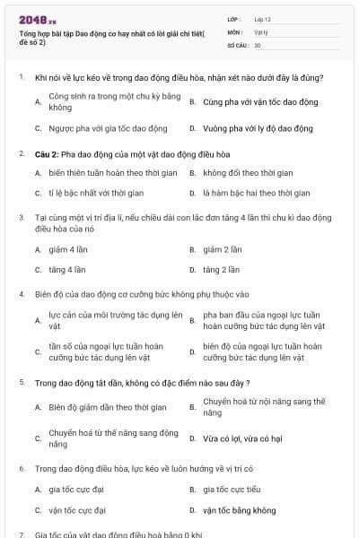 Tổng hợp bài tập Dao động cơ hay nhất có lời giải chi tiết( đề số 2)