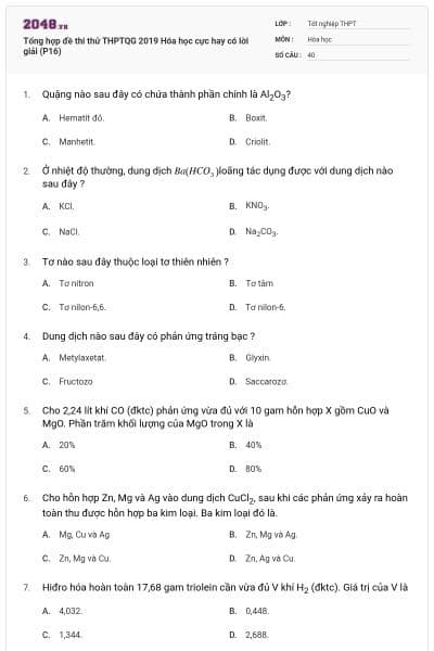 Tổng hợp đề thi thử THPTQG 2019 Hóa học cực hay có lời giải (P16)