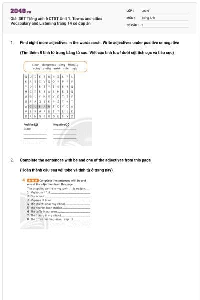 Giải SBT Tiếng anh 6 CTST Unit 1: Towns and cities Vocabulary and Listening trang 14 có đáp án