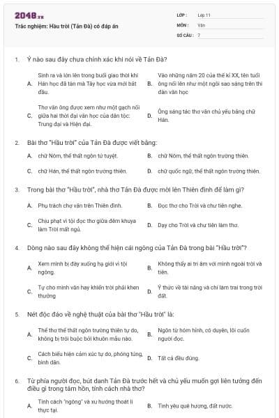 Trắc nghiệm: Hầu trời (Tản Đà) có đáp án