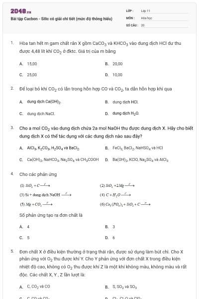 Bài tập Cacbon - Silic có giải chi tiết (mức độ thông hiểu)