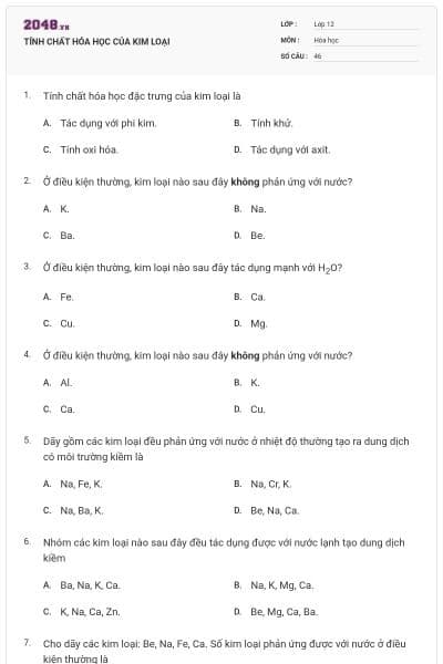 TÍNH CHẤT HÓA HỌC CỦA KIM LOẠI