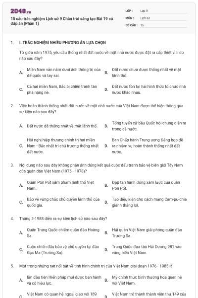 15 câu trắc nghiệm Lịch sử 9 Chân trời sáng tạo Bài 19 có đáp án (Phần 1)