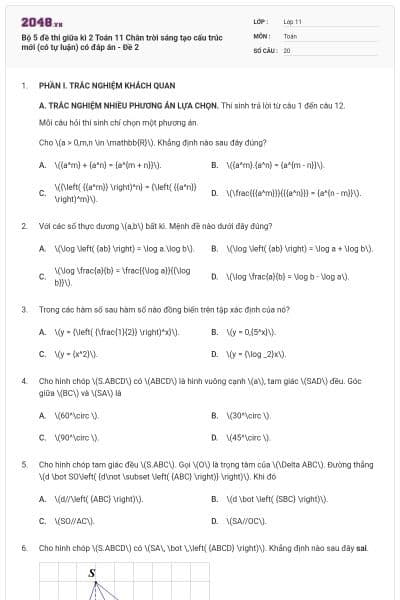 Bộ 5 đề thi giữa kì 2 Toán 11 Chân trời sáng tạo cấu trúc mới (có tự luận) có đáp án - Đề 2