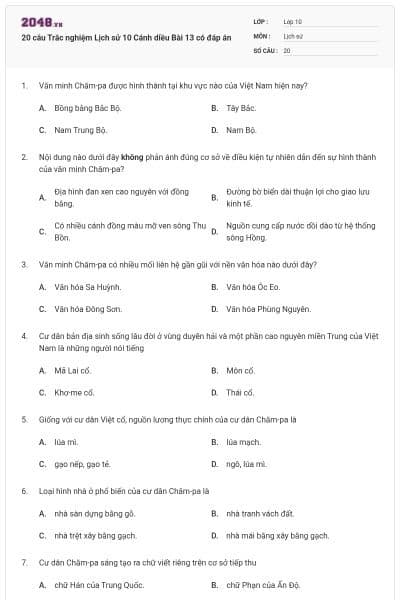 20 câu Trắc nghiệm Lịch sử 10 Cánh diều Bài 13 có đáp án