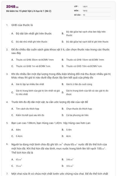 Đề kiểm tra 15 phút Vật Lí 6 học kì 1 (Đề 2)