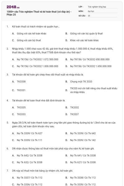 1000+ câu Trắc nghiệm Thuế và kế toán thuế (có đáp án) - Phần 25