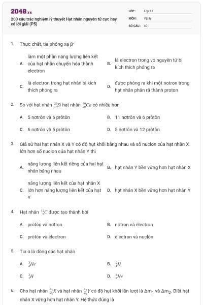 200 câu trắc nghiệm lý thuyết Hạt nhân nguyên tử cực hay có lời giải (P5)