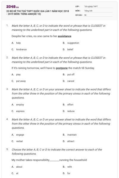 20 BỘ ĐỀ THI THỬ THPT QUỐC GIA LẦN 1 NĂM HỌC 2018 - 2019 MÔN: TIẾNG ANH(ĐỀ 10)