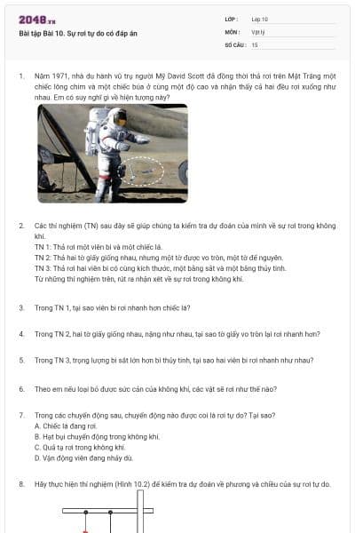 Bài tập Bài 10. Sự rơi tự do có đáp án