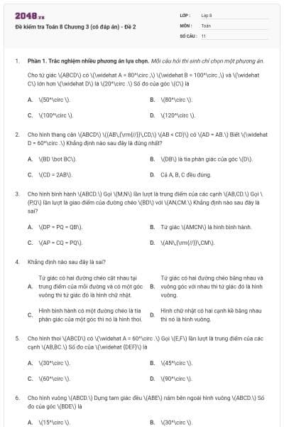 Đề kiểm tra Toán 8 Chương 3 (có đáp án) - Đề 2