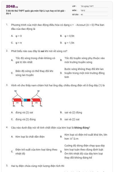 5 Đề thi thử THPT quốc gia môn Vật Lí cực hay có lời giải - Đề 4