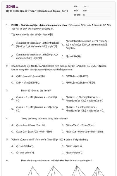 Bộ 19 đề thi Giữa kì 1 Toán 11 Cánh diều có đáp án - Đề 11