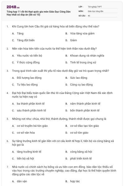 Tổng hợp 11 đề thi thpt quốc gia môn Giáo Dục Công Dân Hay nhất có đáp án (Đề số 10)