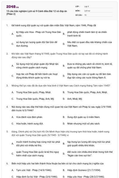 15 câu trắc nghiệm Lịch sử 9 Cánh diều Bài 12 có đáp án (Phần 2)