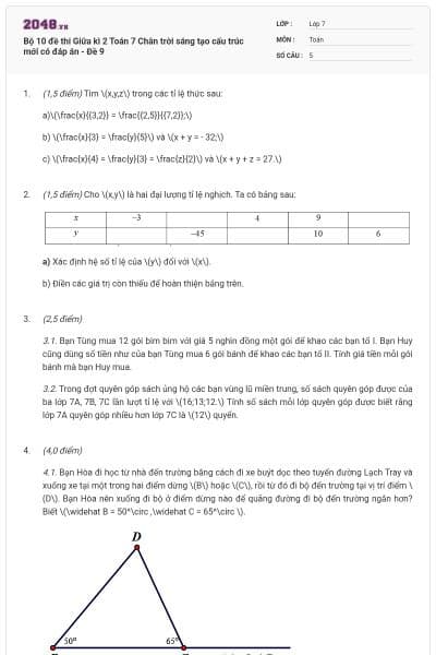 Bộ 10 đề thi Giữa kì 2 Toán 7 Chân trời sáng tạo cấu trúc mới có đáp án - Đề 9