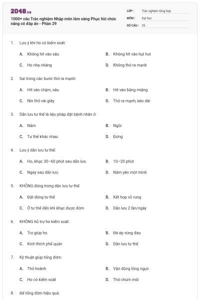 1000+ câu Trắc nghiệm Nhập môn lâm sàng Phục hồi chức năng có đáp án - Phần 29