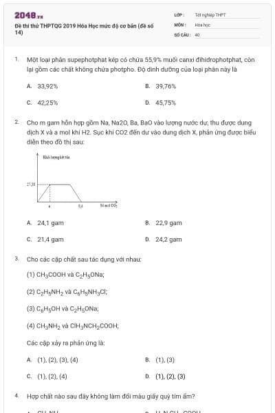 Đề thi thử THPTQG 2019 Hóa Học mức độ cơ bản (đề số 14)
