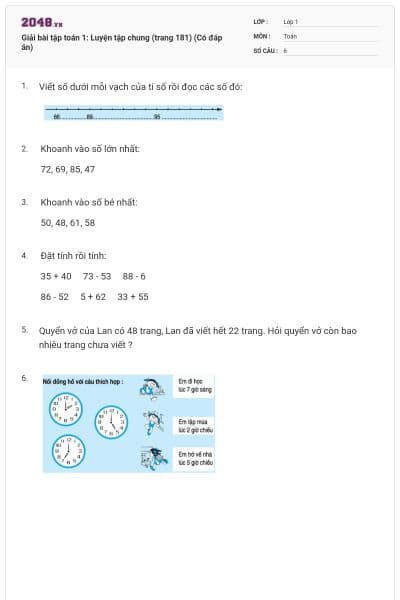 Giải bài tập toán 1: Luyện tập chung (trang 181) (Có đáp án)