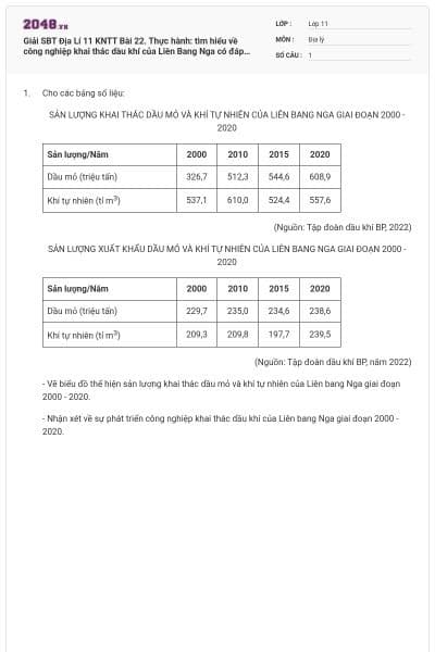 Giải SBT Địa Lí 11 KNTT Bài 22. Thực hành: tìm hiểu về công nghiệp khai thác dầu khí của Liên Bang Nga có đáp án