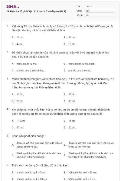 Đề kiểm tra 15 phút Vật Lí 11 Học kì 2 có đáp án (Đề 4)