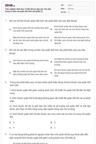 Trắc nghiệm Sinh Học 12 Bài 38 (có đáp án): Các đặc trưng cơ bản của quần thể sinh vật (phần 2)