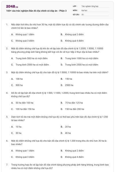 160+ câu trắc nghiệm Bản đồ địa chính có đáp án - Phần 3