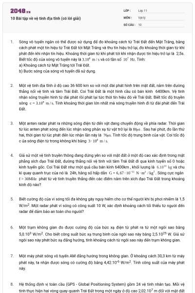 10 Bài tập về vệ tinh địa tĩnh (có lời giải)