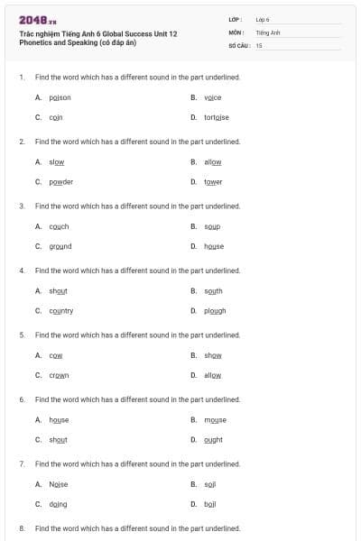 Trắc nghiệm Tiếng Anh 6 Global Success Unit 12 Phonetics and Speaking (có đáp án)