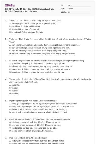 Giải SBT Lịch Sử 11 Cánh Diều Bài 10: Cuộc cải cách của Lê Thánh Tông ( thế kỉ XV ) có đáp án