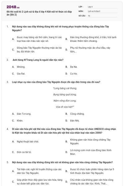 Đề thi cuối kì 2 Lịch sử & Địa lí lớp 4 Kết nối tri thức có đáp án (Đề 2)
