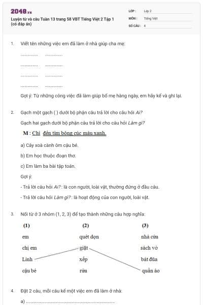 Luyện từ và câu Tuần 13 trang 58 VBT Tiếng Việt 2 Tập 1 (có đáp án)