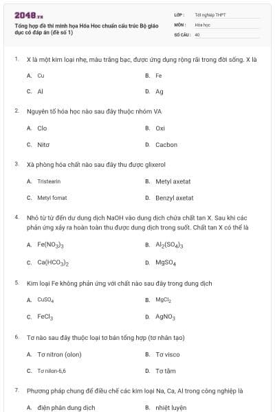 Tổng hợp đề thi minh họa Hóa Hoc chuẩn cấu trúc Bộ giáo dục có đáp án (đề số 1)