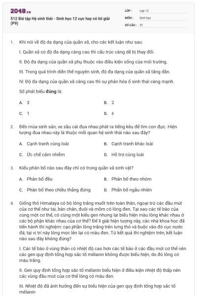 512 Bài tập Hệ sinh thái - Sinh học 12 cực hay có lời giải (P9)