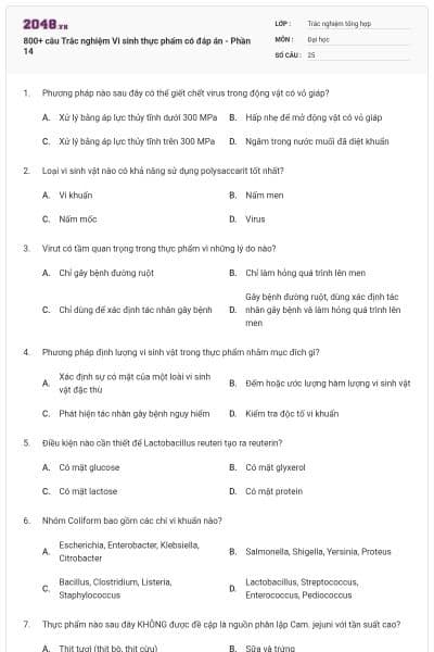 800+ câu Trắc nghiệm Vi sinh thực phẩm có đáp án - Phần 14