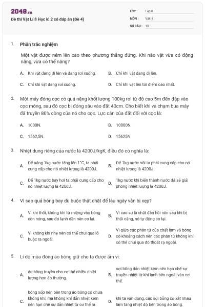 Đề thi Vật Lí 8 Học kì 2 có đáp án (Đề 4)
