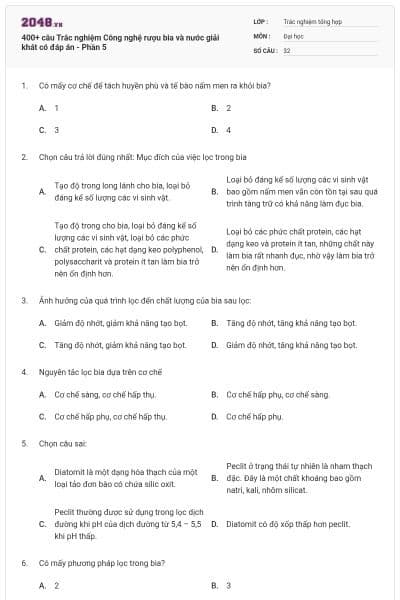 400+ câu Trắc nghiệm Công nghệ rượu bia và nước giải khát có đáp án - Phần 5