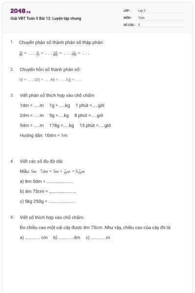 Giải VBT Toán 5 Bài 12: Luyện tập chung