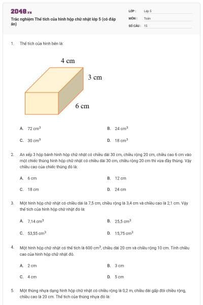 Trắc nghiệm Thể tích của hình hộp chữ nhật lớp 5 (có đáp án)