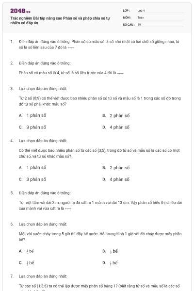 Trắc nghiệm Bài tập nâng cao Phân số và phép chia số tự nhiên có đáp án