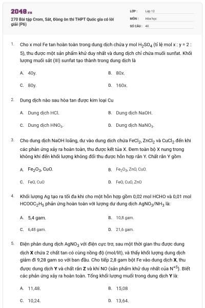 270 Bài tập Crom, Sắt, Đồng ôn thi THPT Quốc gia có lời giải (P6)